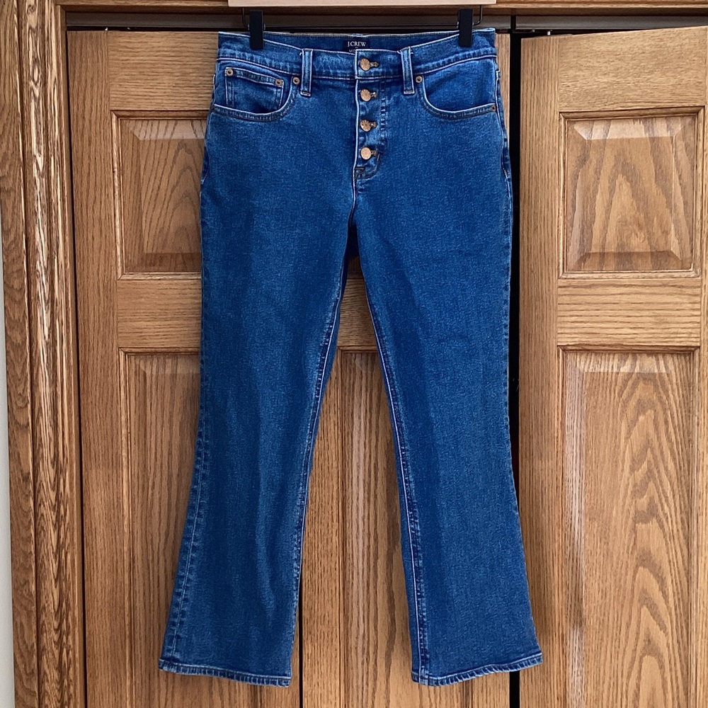 J. crew mid-rise flare crop, button fly denim blue jeans. Women’s size 27
